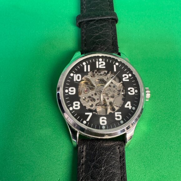 Akribos XXIV AK494SS Men's Skeleton Automatic Watch 42mm Black Leather Strap -09 - Picture 2 of 10